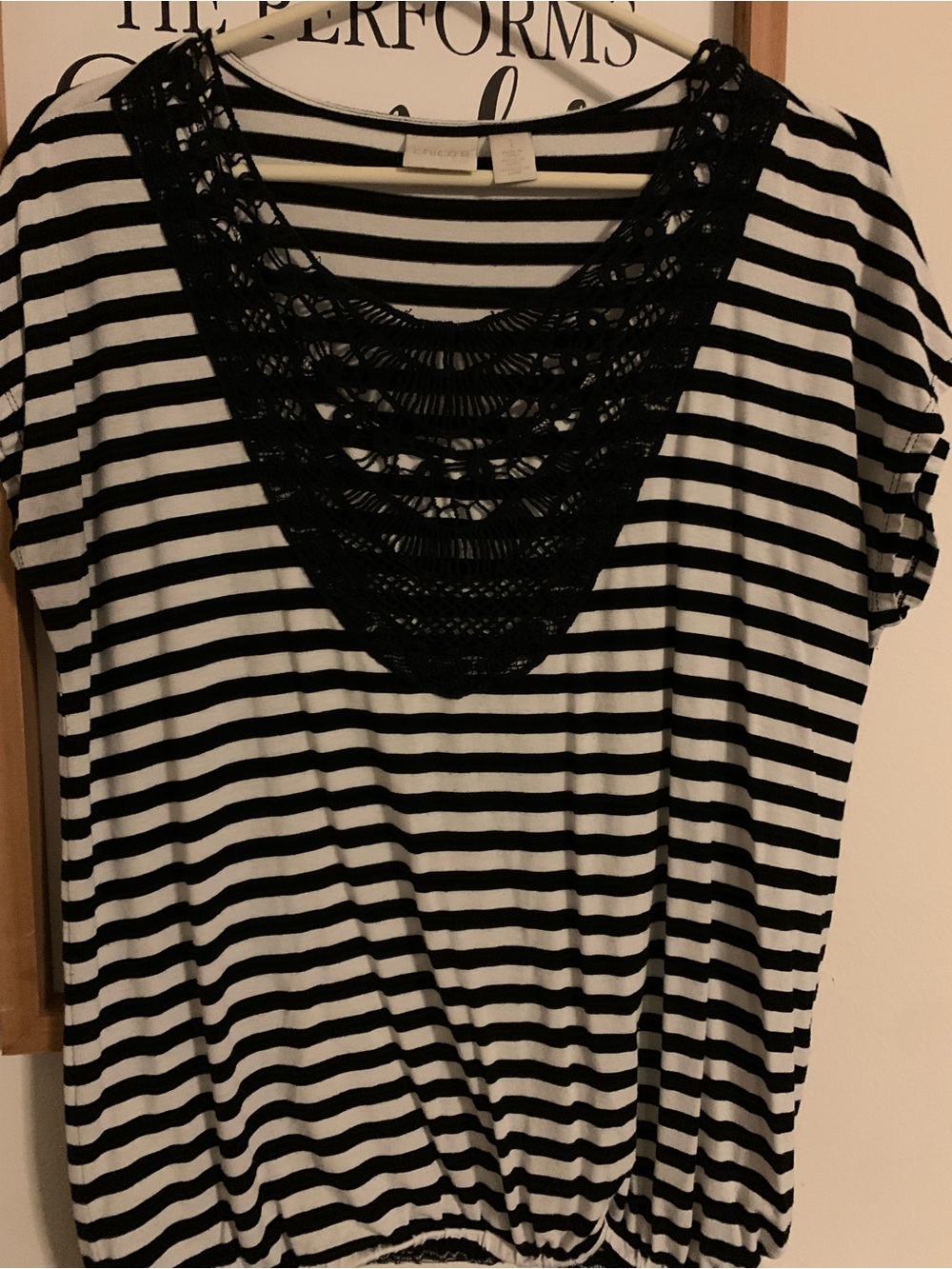 Chico's Black & White Striped Short Sleeve Top with Crochet V-Neck